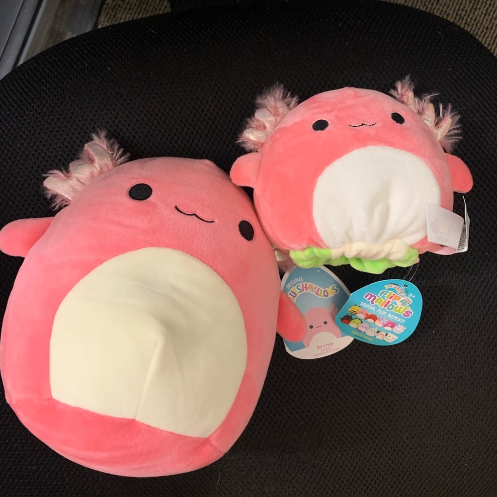 RARE HARD TO FIND 8" and 5" flip Archie the axolotl hot pink squishmallow BNWT